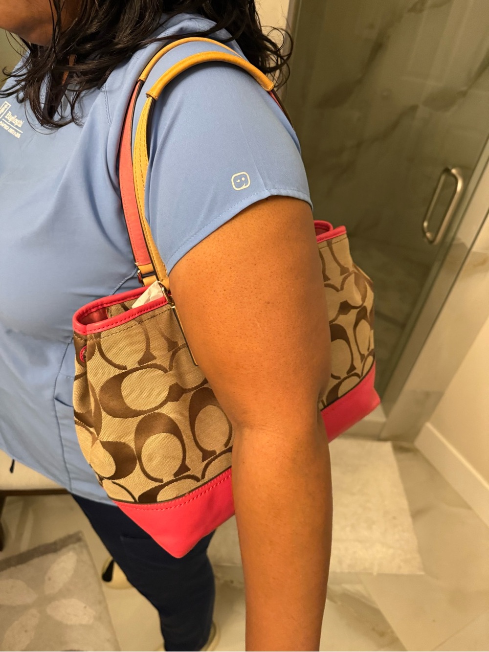 Coach Beige Signature Canvas Tote with Pink Trim and Tan Handles - Picture 11 of 11